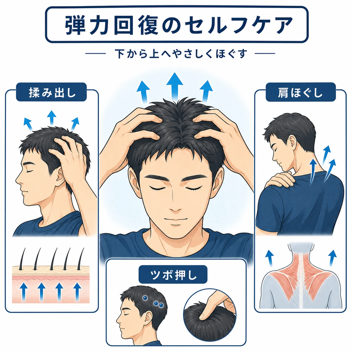 成人男性が頭皮をマッサージして弾力を取り戻すセルフケアの方法を描いた医療イラスト