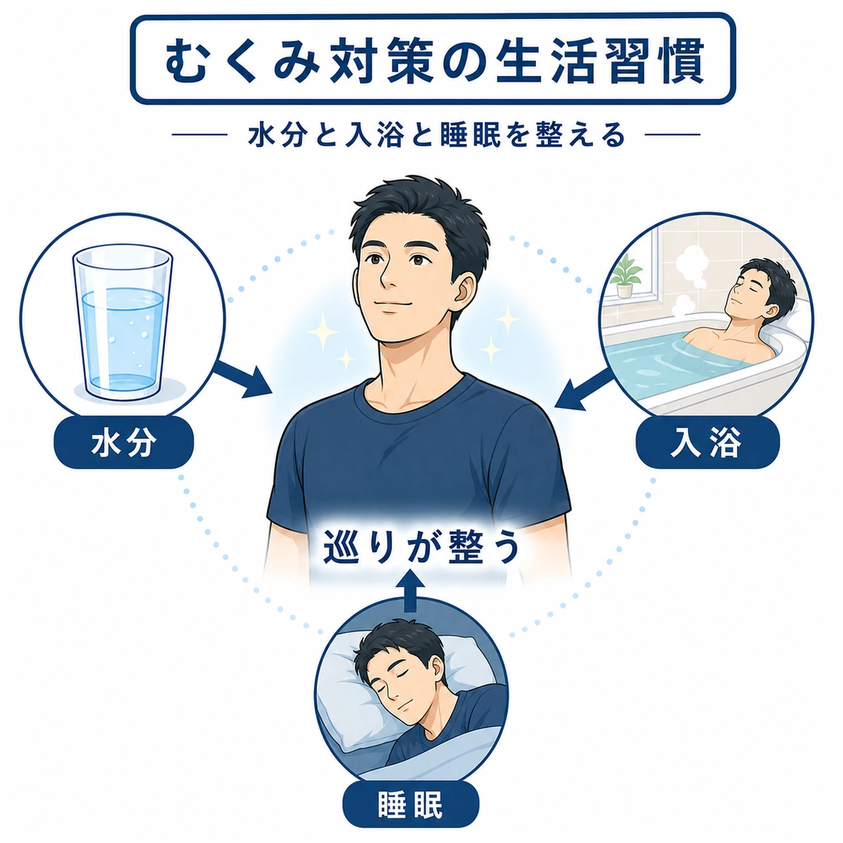 水分補給や入浴などで頭皮のむくみを防ぐ生活習慣を描いた医療イラスト