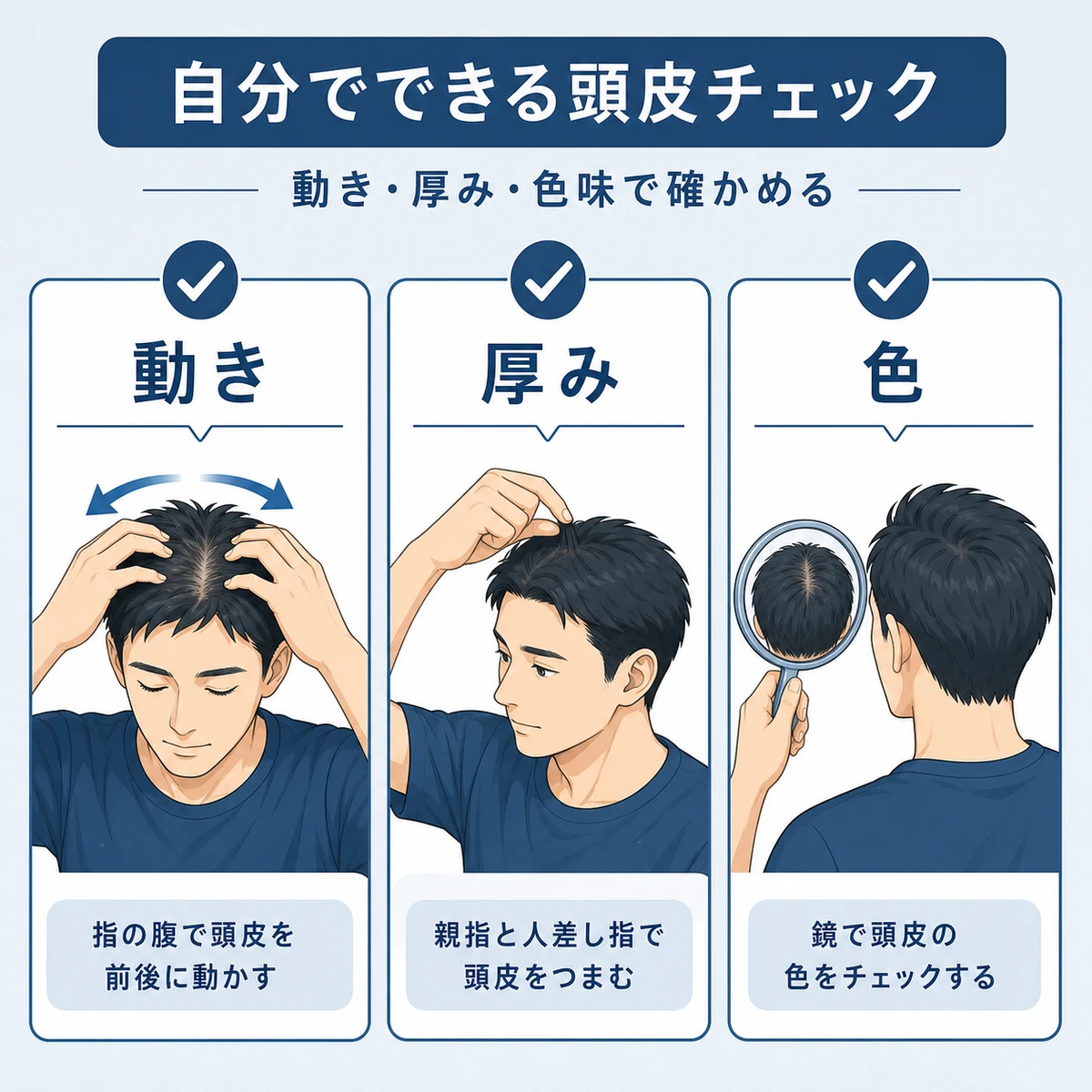 成人男性が頭皮の動きと厚みと色味を確かめるセルフチェックを表した医療イラスト