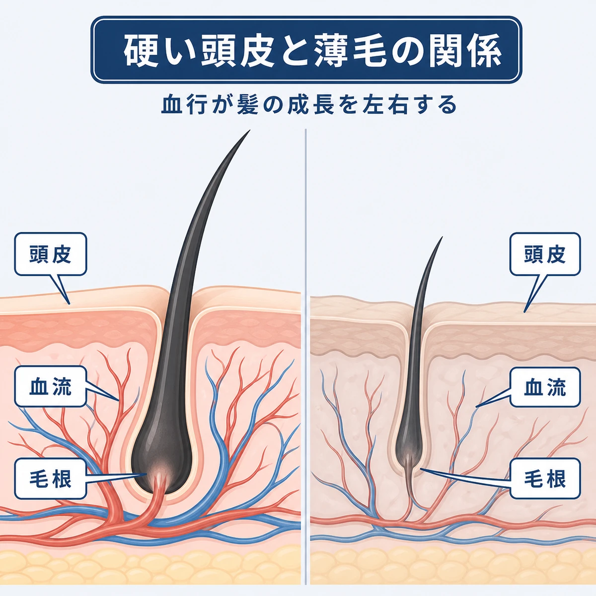 柔らかい頭皮と硬い頭皮で血流と毛根の状態を比べた医療イラスト