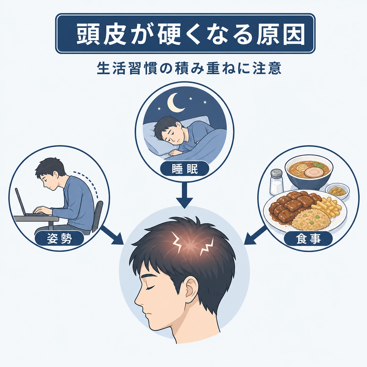 デスクワークや睡眠不足など頭皮の硬化を招く生活要因を表した医療イラスト