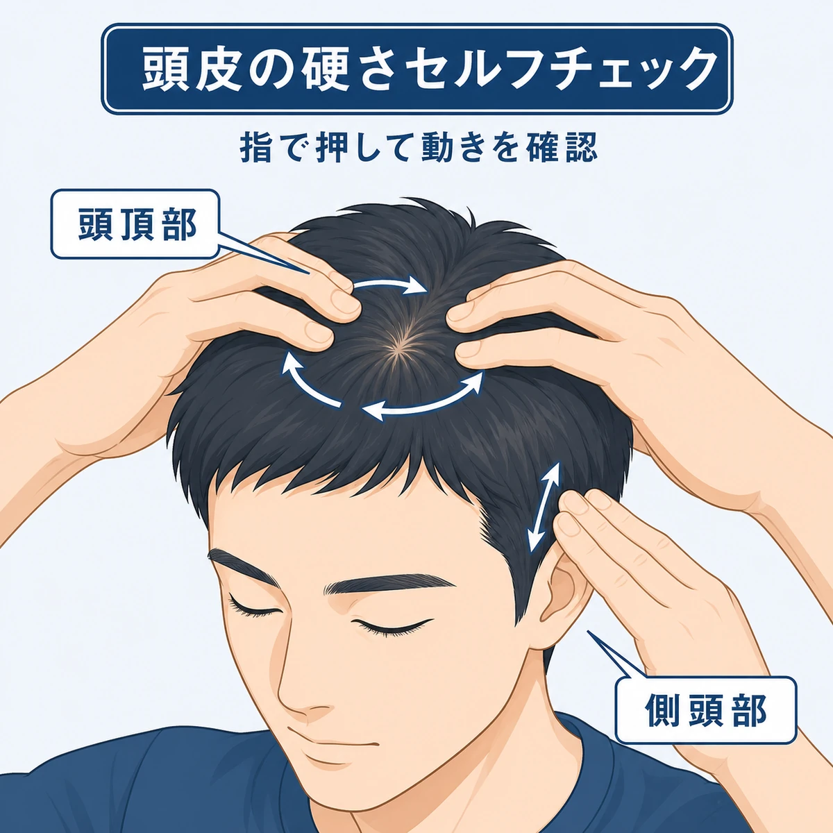 指の腹で頭頂部を押して頭皮の硬さを確かめるセルフチェックの医療イラスト