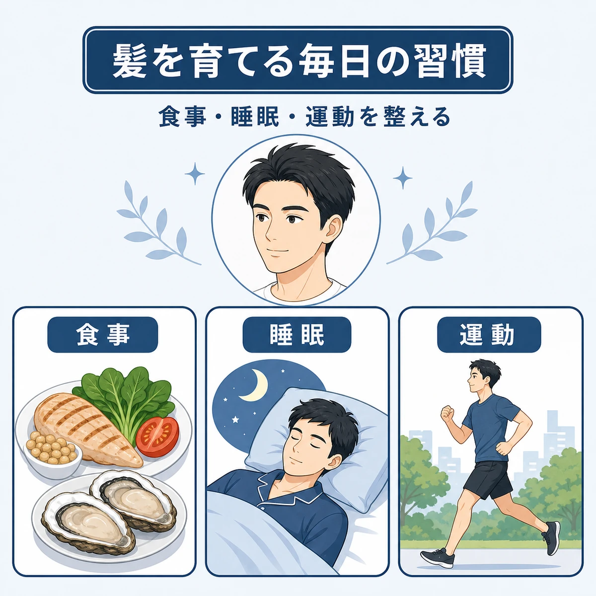 バランスの良い食事と十分な睡眠、適度な運動という髪を育む習慣を表した医療イラスト