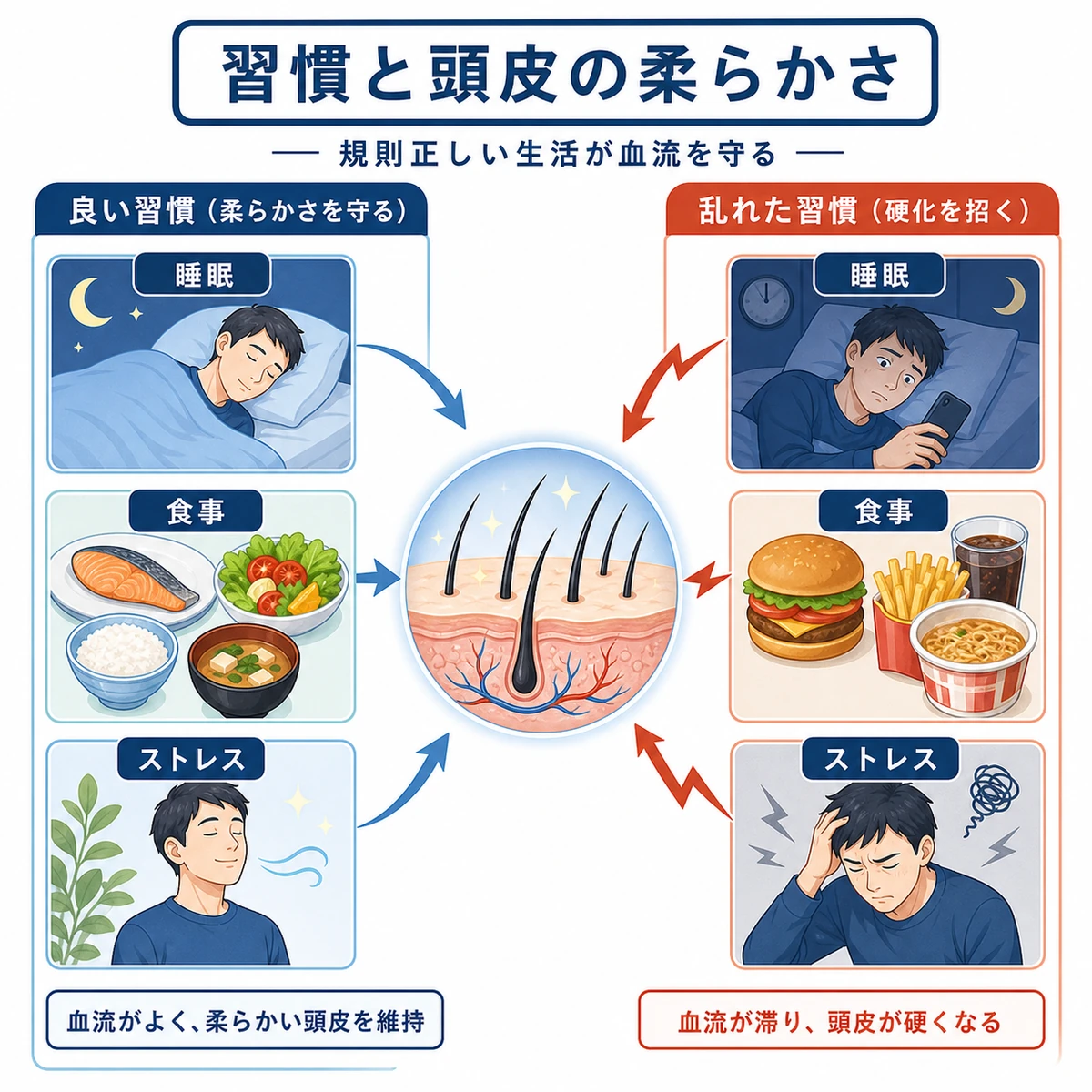 睡眠や食事やストレスといった生活習慣が頭皮の柔軟性に与える影響を良し悪しで対比した医療イラスト