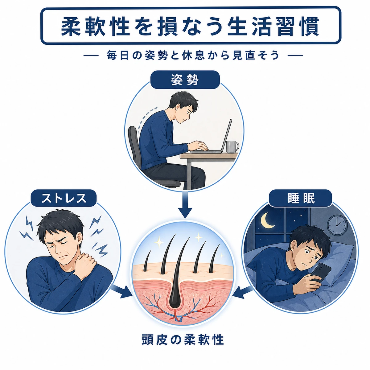 姿勢の乱れやストレス、睡眠不足が頭皮の柔軟性に影響する生活要因をまとめた医療イラスト