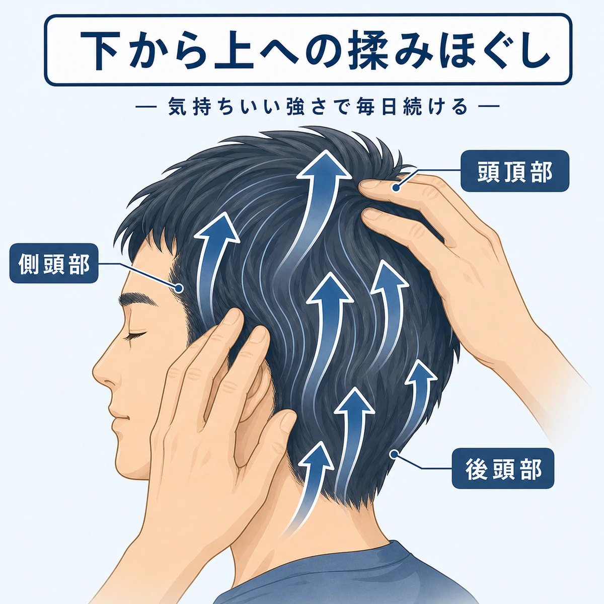 成人男性の頭部で下から上へ向かう頭皮マッサージの手の動きを示した医療イラスト