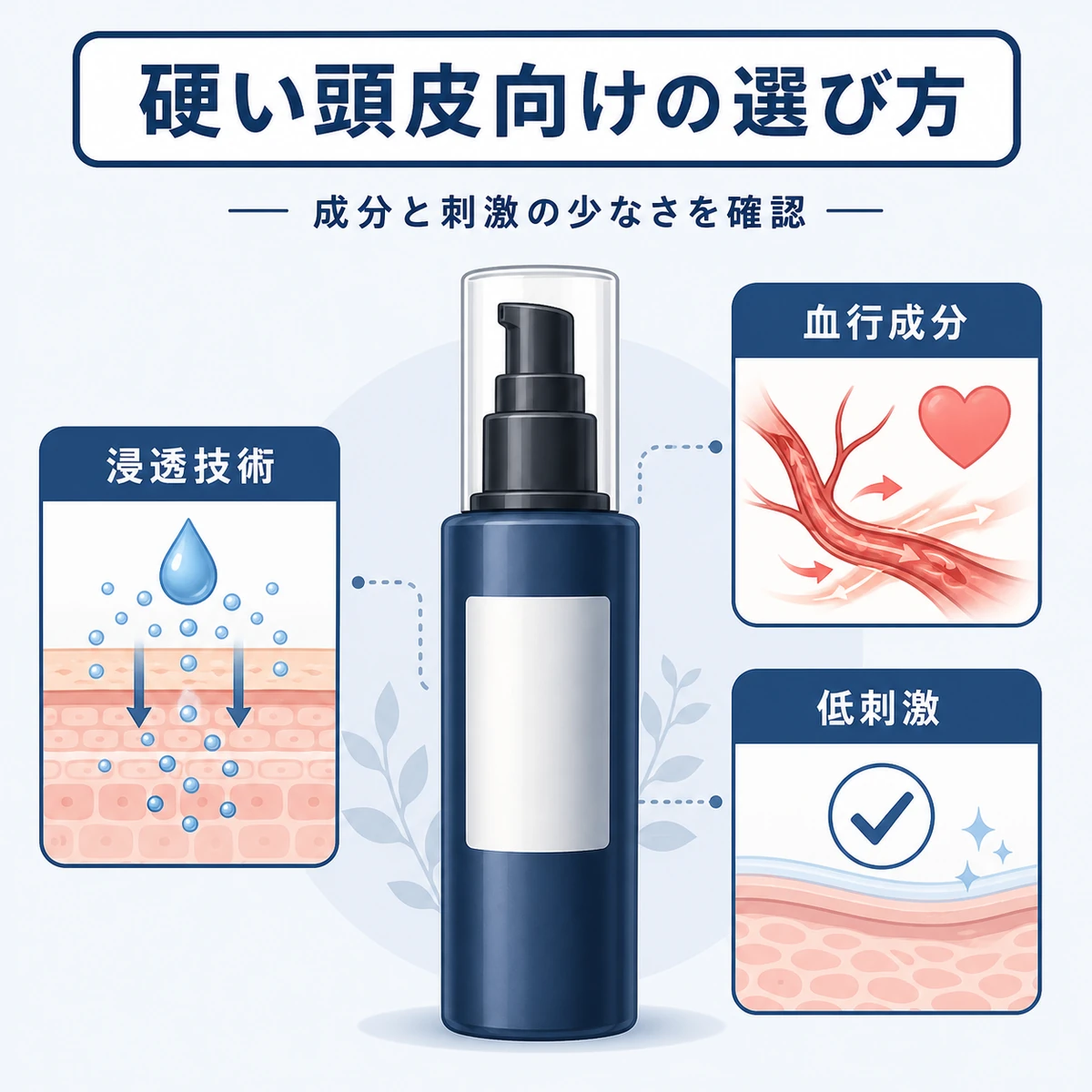 硬い頭皮に合う育毛剤の選び方のポイントを中立的な容器とカードで表した医療イラスト