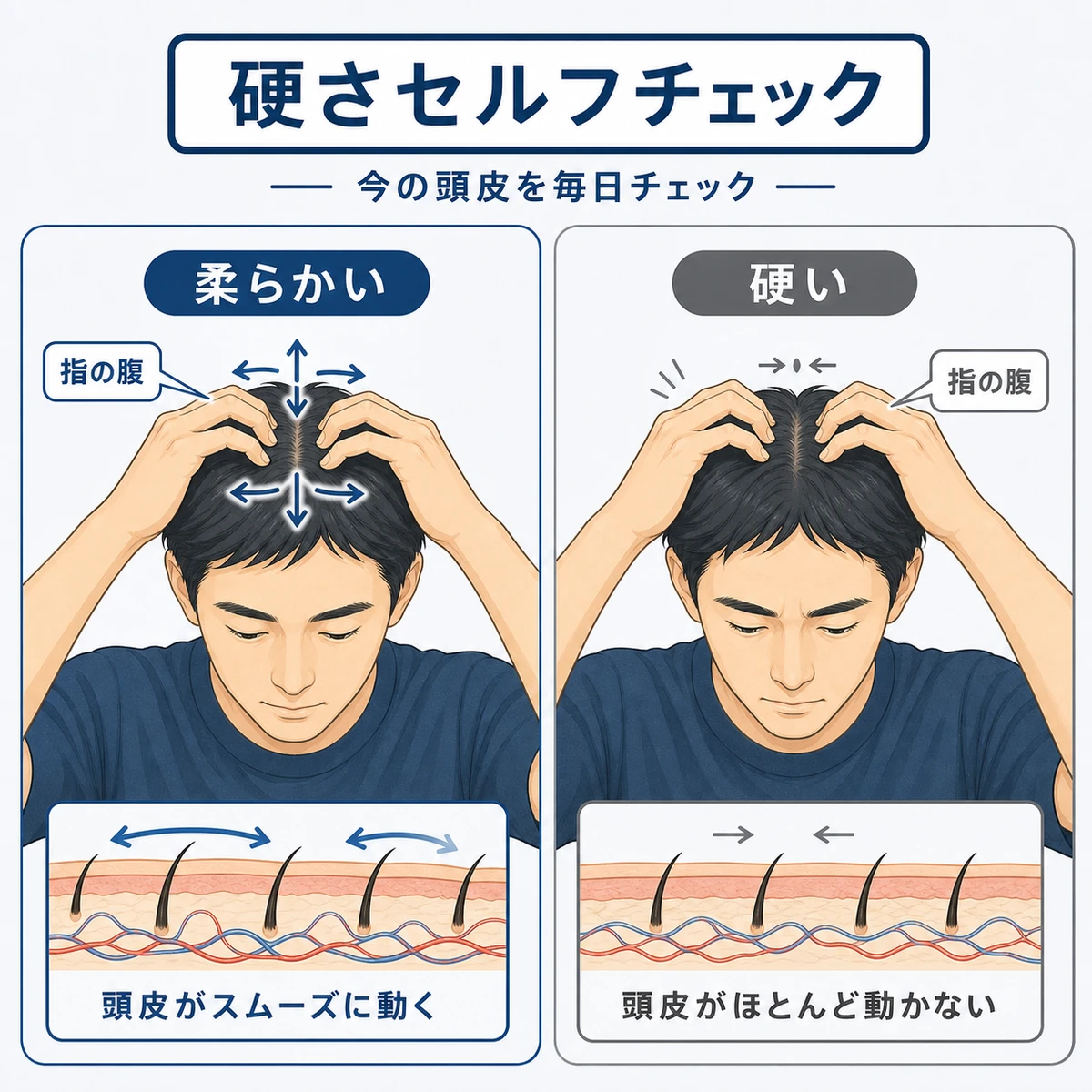 成人男性が指の腹で頭皮をつまみ硬さを左右で比べるセルフチェックの様子を描いた医療イラスト