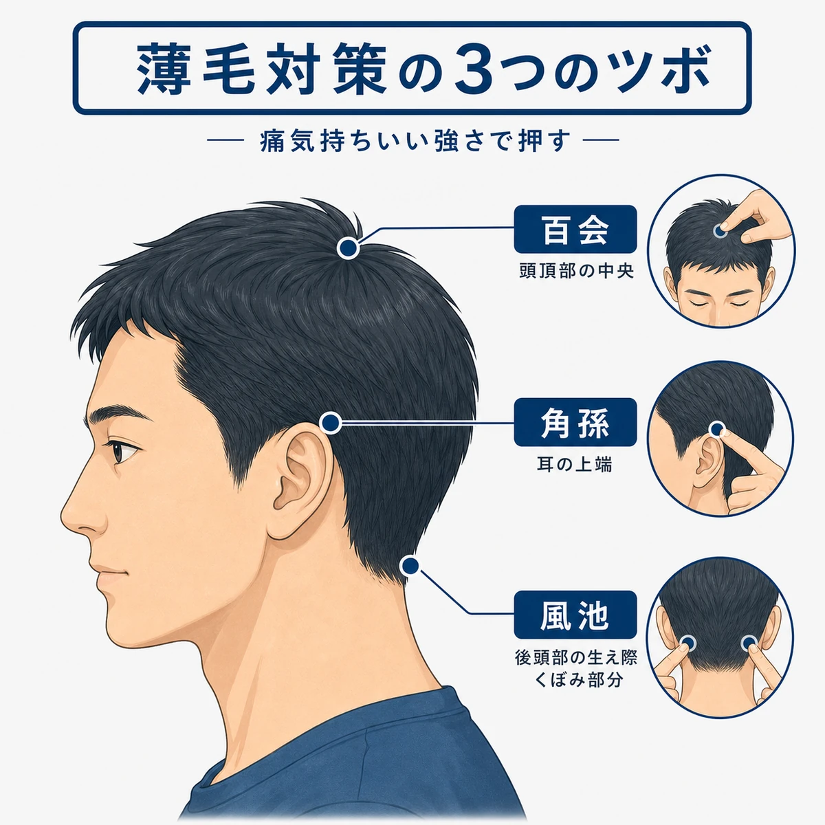 成人男性の頭部に百会と角孫と風池という3つのツボの位置を示した医療イラスト