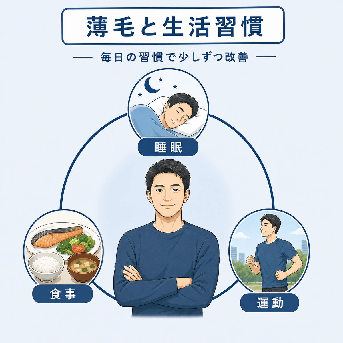 薄毛対策に役立つ睡眠や食事などの生活習慣を成人男性とともに表した解説イラスト