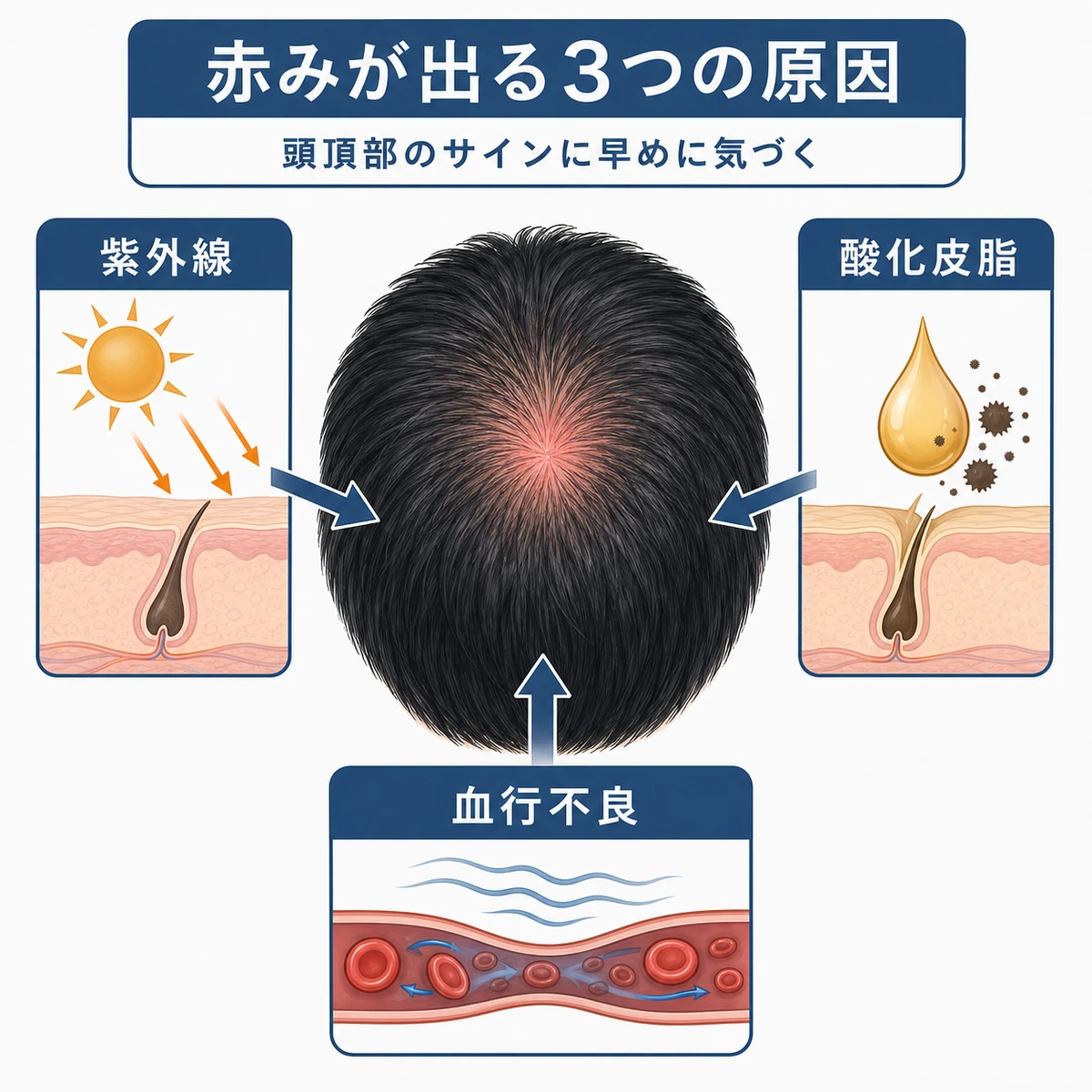つむじ周りの赤みを引き起こす紫外線・酸化皮脂・血行不良の関係を表した医療イラスト