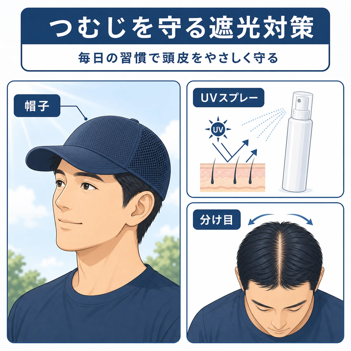 帽子やUVスプレーで頭頂部の日焼けを防ぐ成人男性の遮光対策を表した医療イラスト