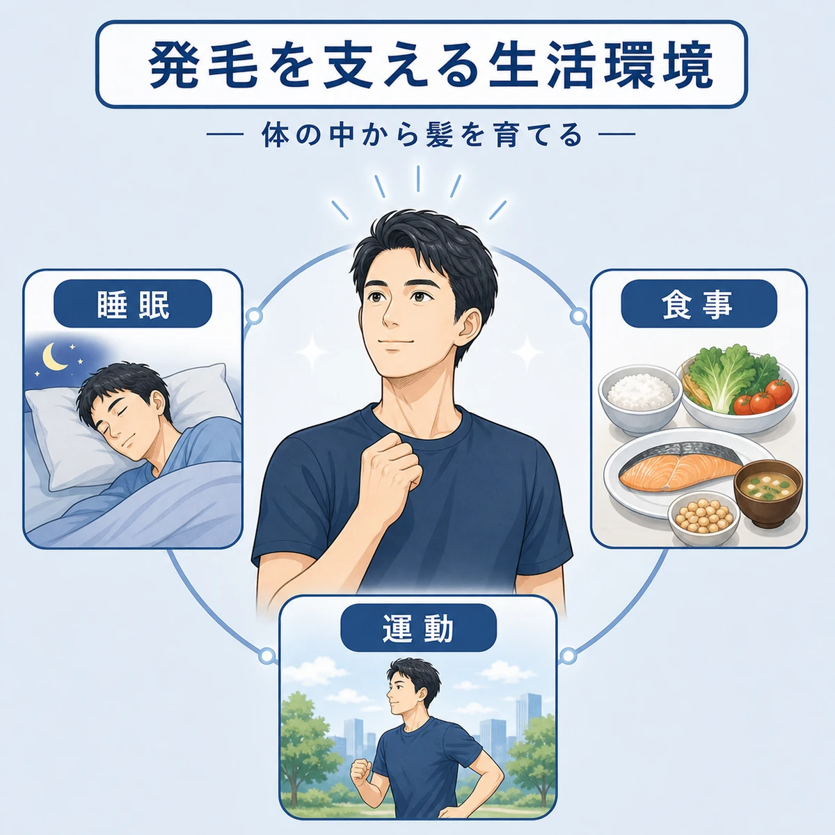 良質な睡眠やバランスの良い食事で発毛環境を整える生活習慣を表した医療イラスト