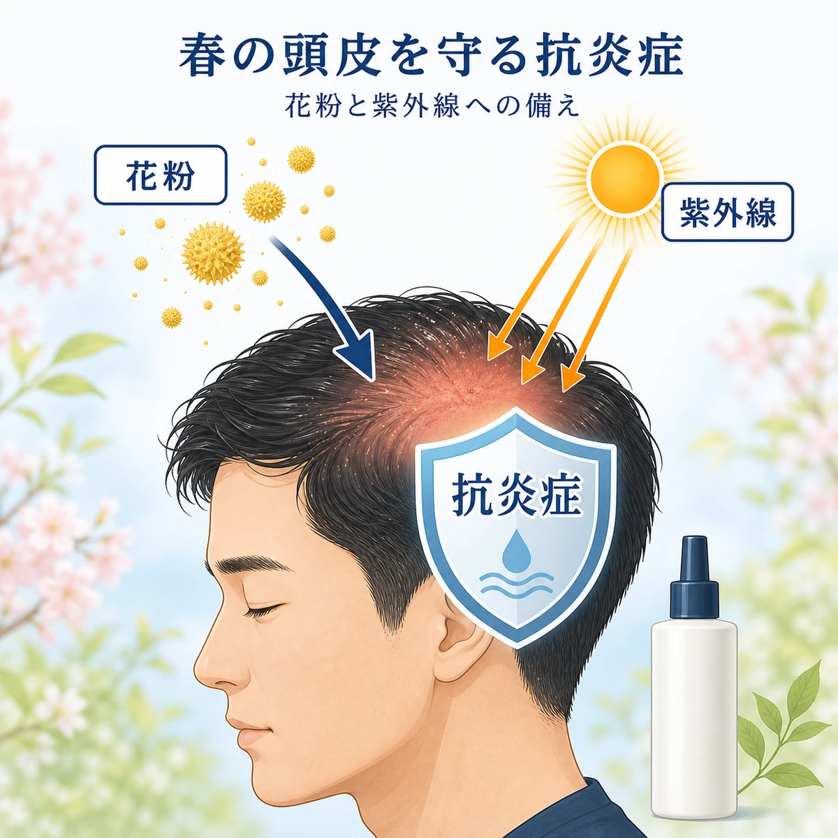 春の花粉と紫外線が頭皮に与える刺激と抗炎症ケアを表した医療イラスト