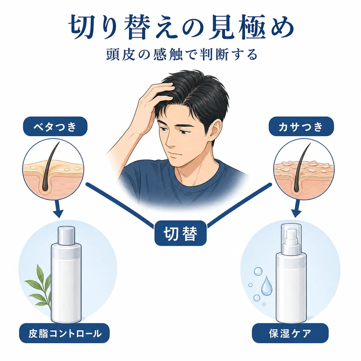 頭皮のベタつきとカサつきから育毛剤の切り替え時期を判断する医療イラスト