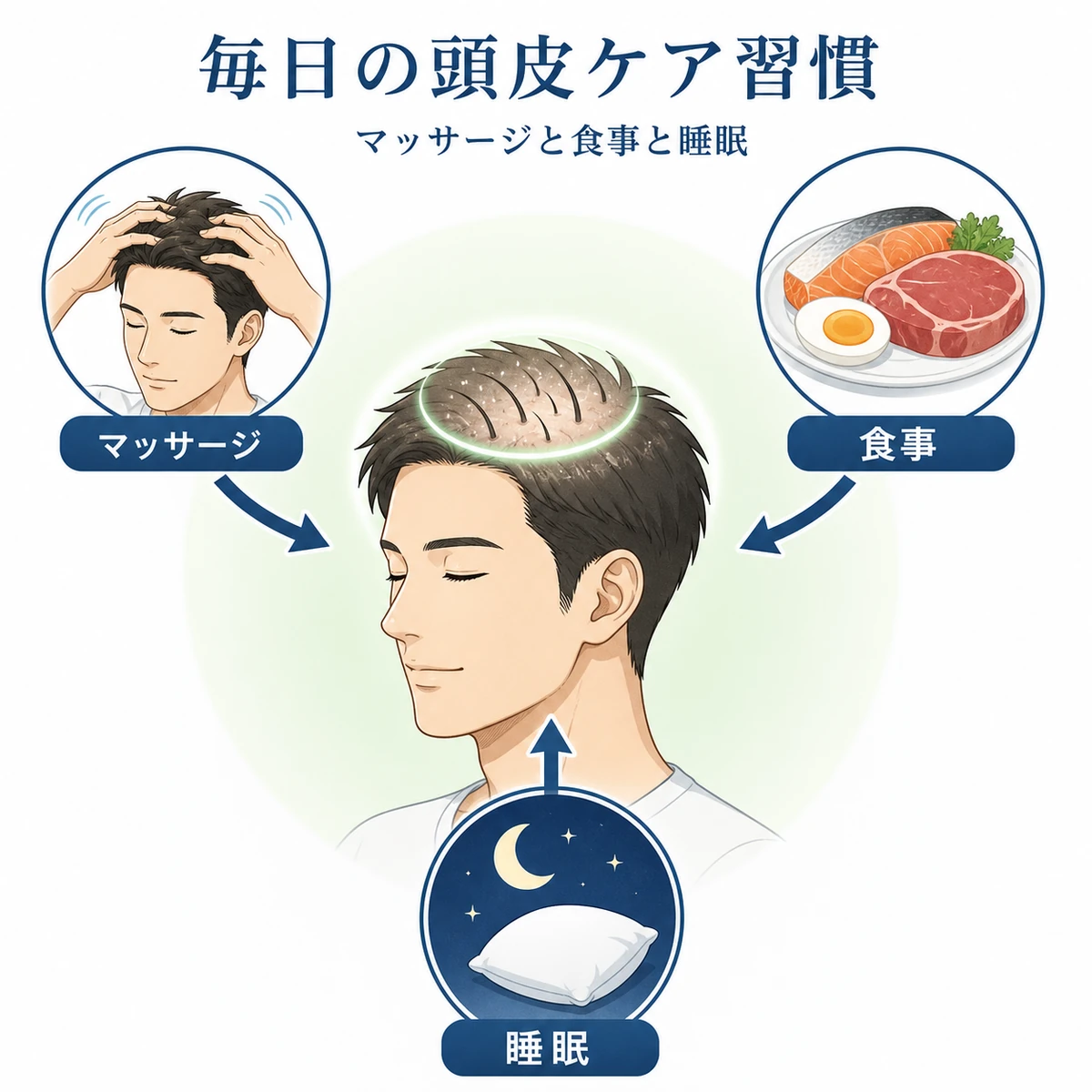 頭皮マッサージと食事と睡眠による年間の育毛習慣を表した医療イラスト