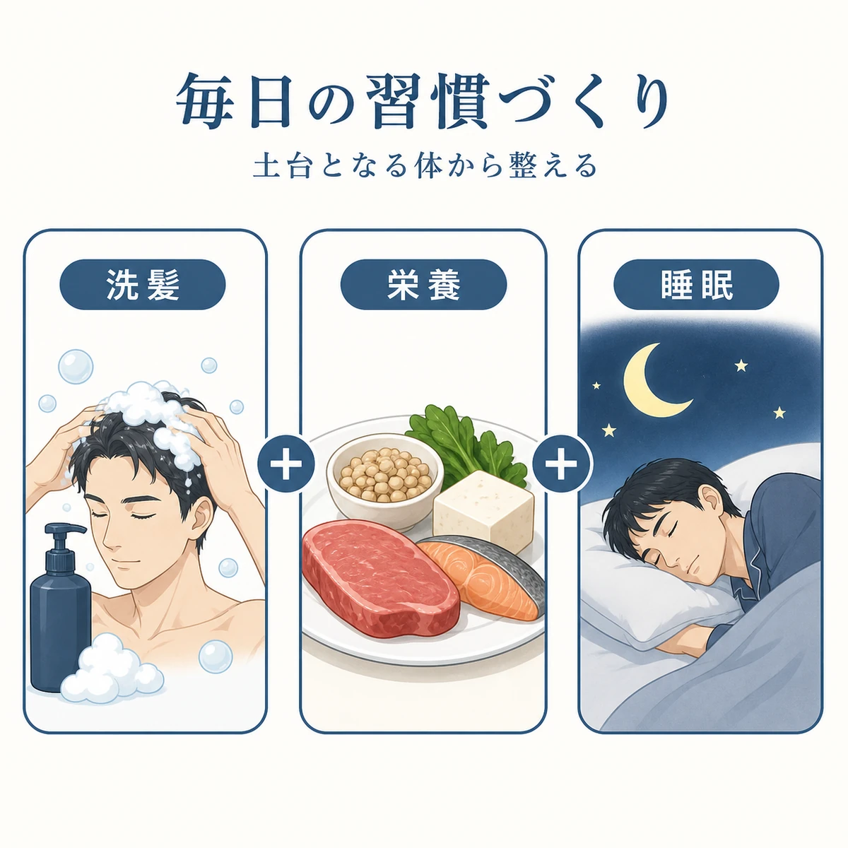 洗髪と栄養と睡眠で抜け毛を抑える生活習慣を表した医療イラスト