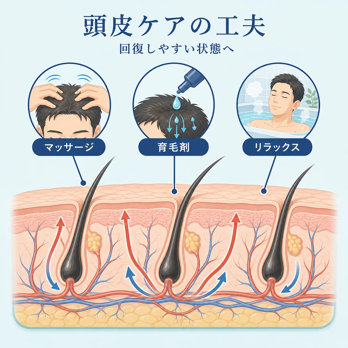 マッサージと育毛剤とリラックスで頭皮環境を整えるケアを表した医療イラスト