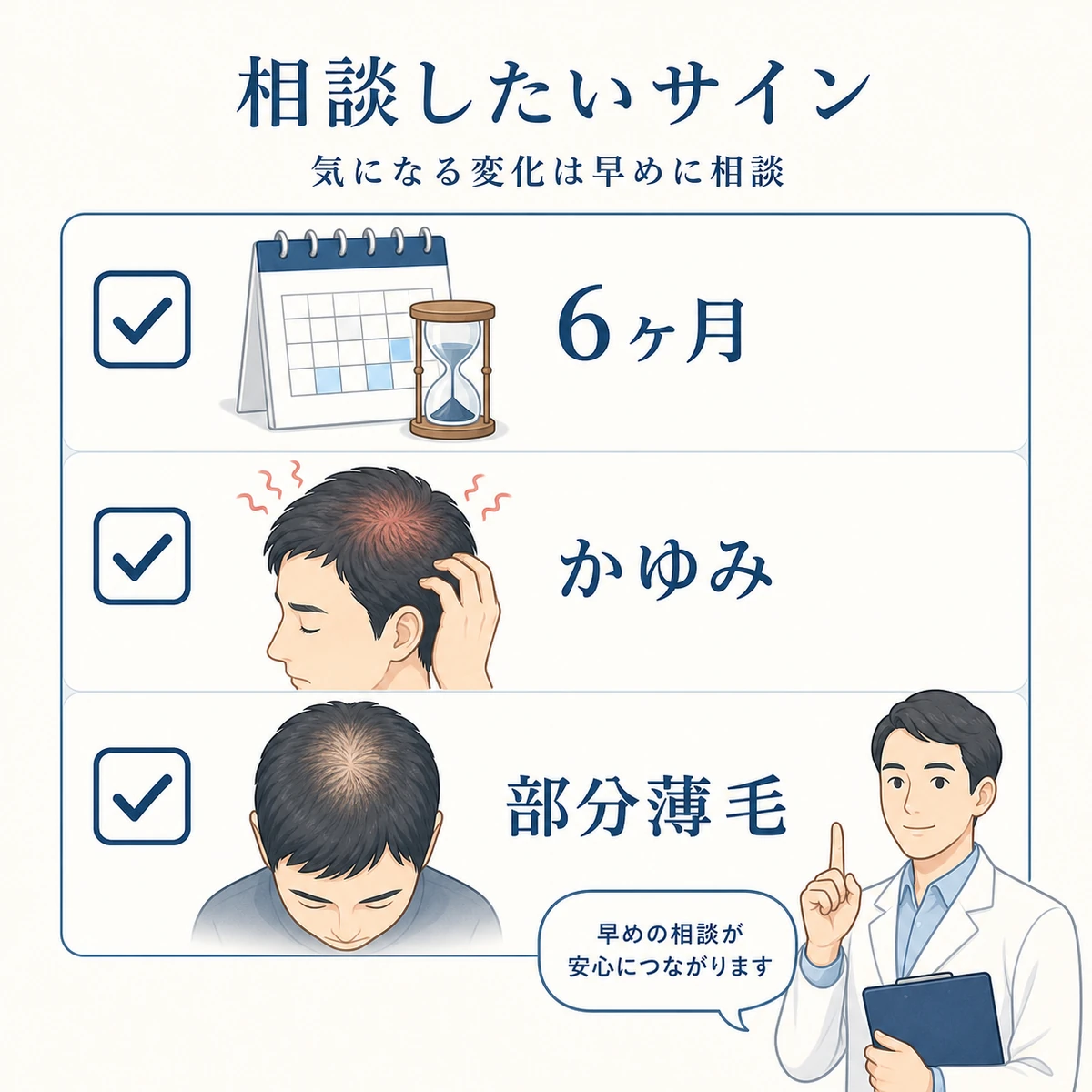 半年以上の抜け毛やかゆみや部分薄毛など受診を考えたいサインを表した医療イラスト