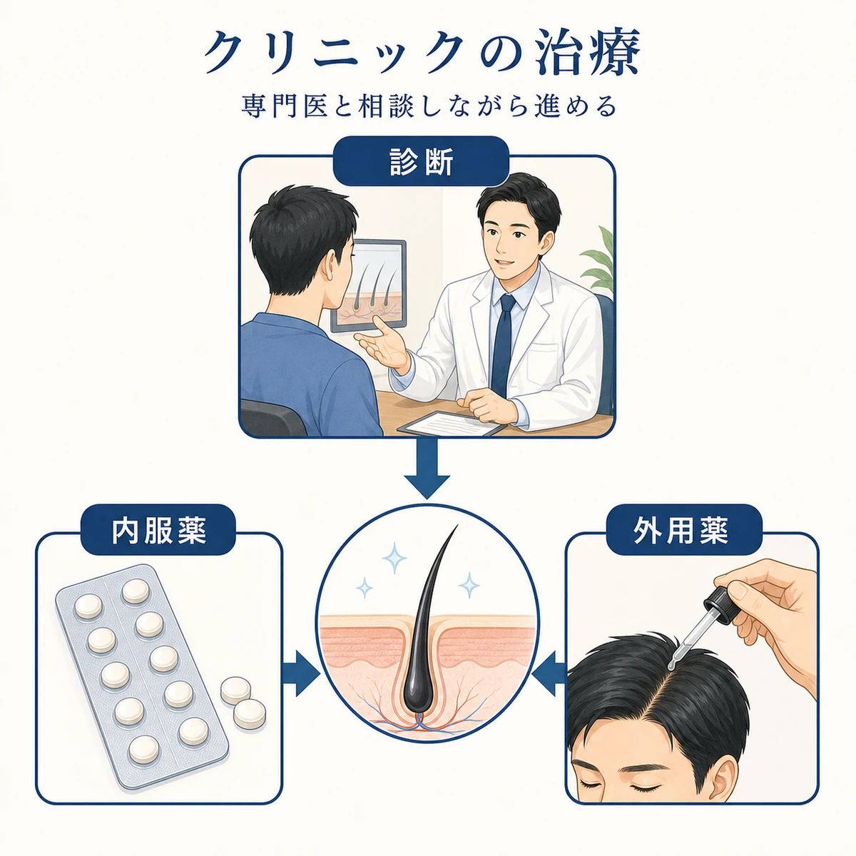 クリニックの診断と内服薬と外用薬による治療内容を表した医療イラスト