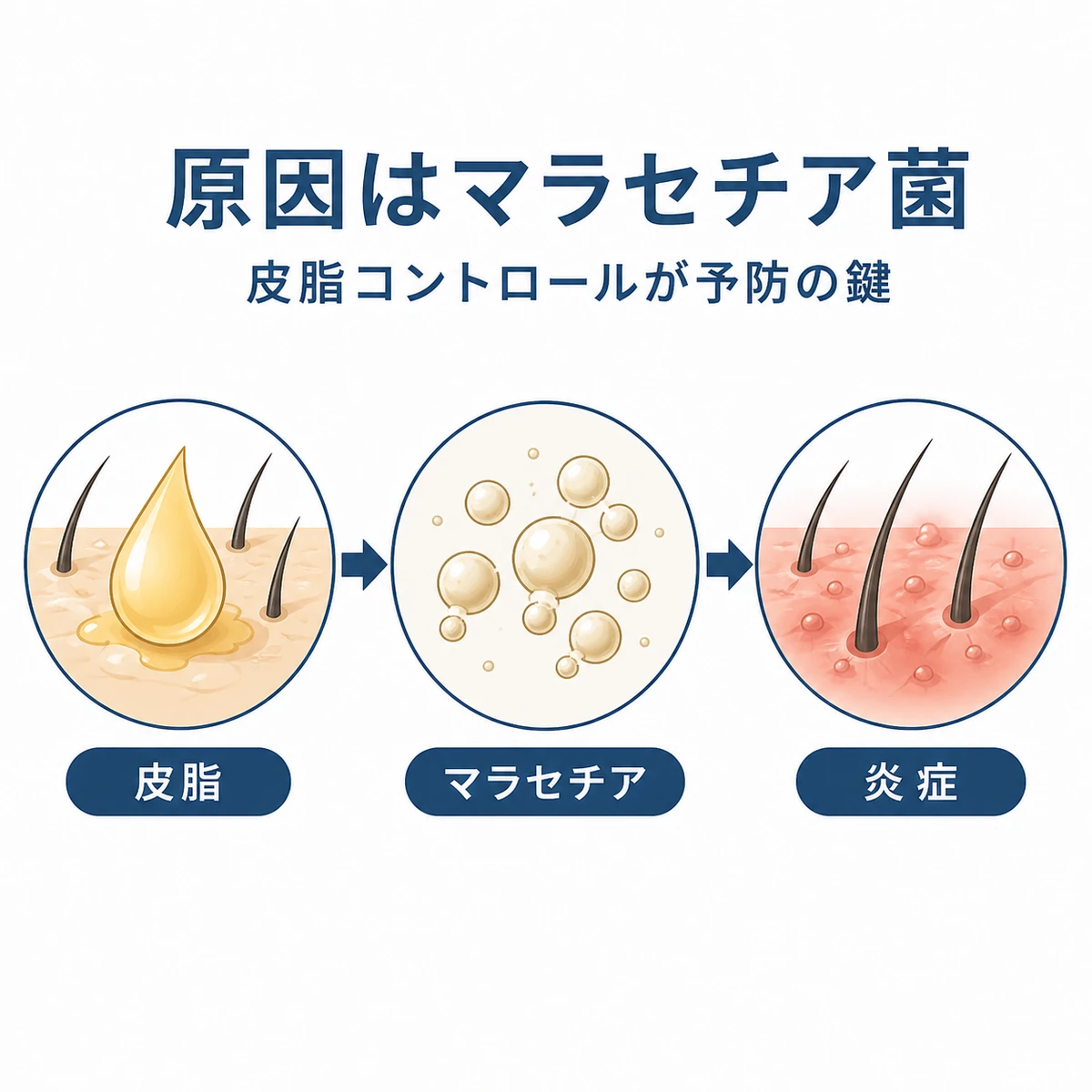 皮脂の増加からマラセチア菌の繁殖と頭皮の炎症へ進む流れを示した医療イラスト
