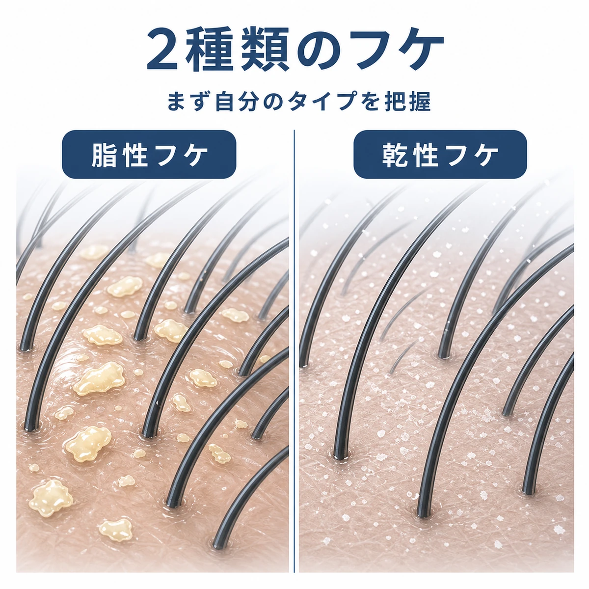 脂性フケと乾性フケの見た目の違いを左右で対比した頭皮クローズアップの医療イラスト