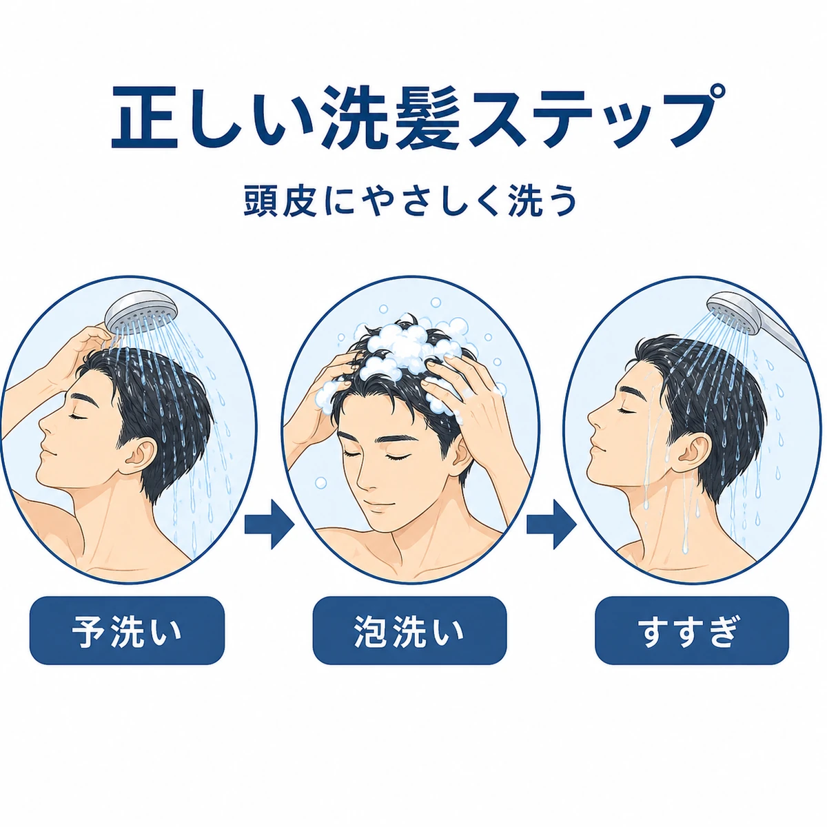 成人男性が予洗いから泡洗い、すすぎまで正しい手順で洗髪する流れを表した医療イラスト