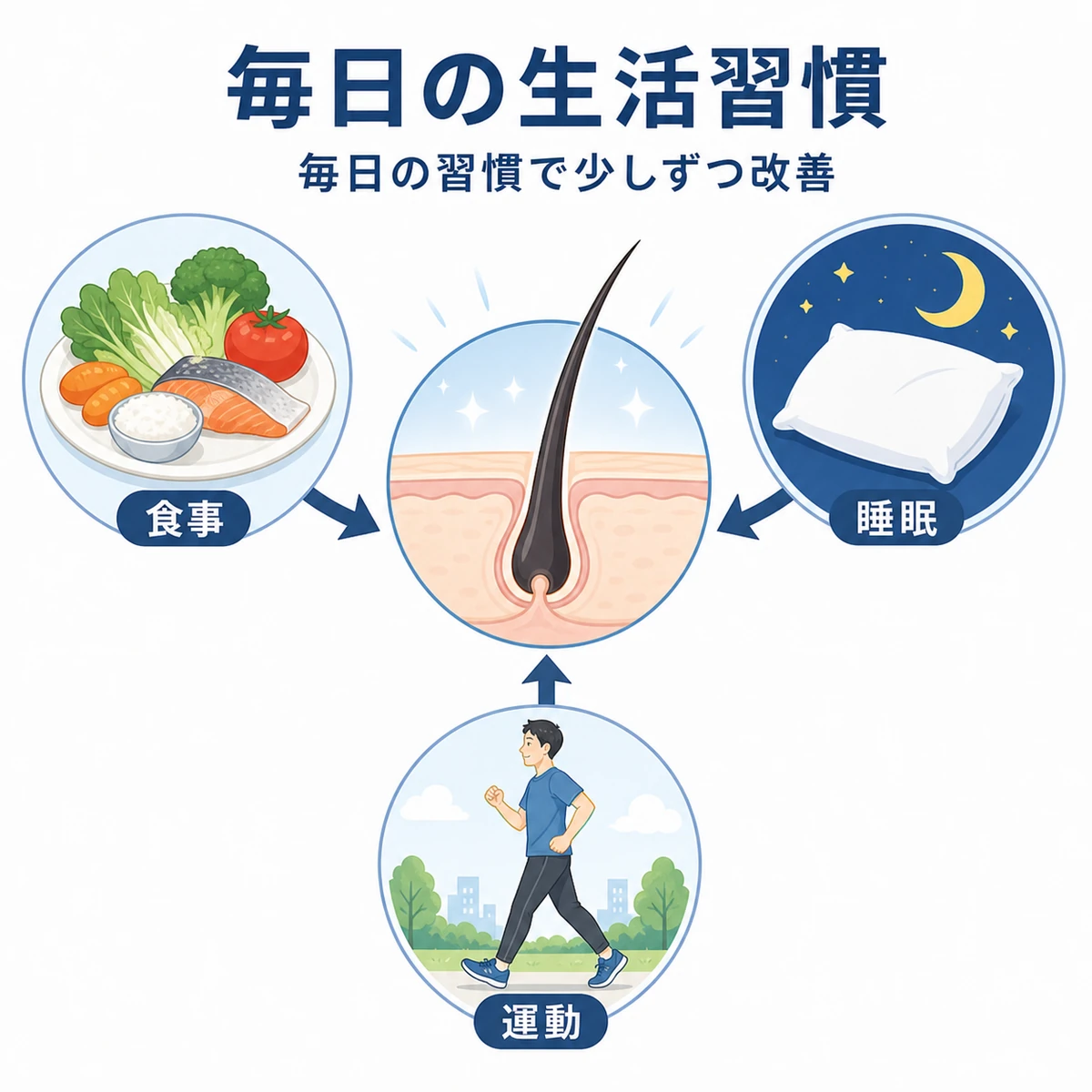 食事と睡眠と運動の3つの習慣が健やかな頭皮を支える関係を表した医療イラスト