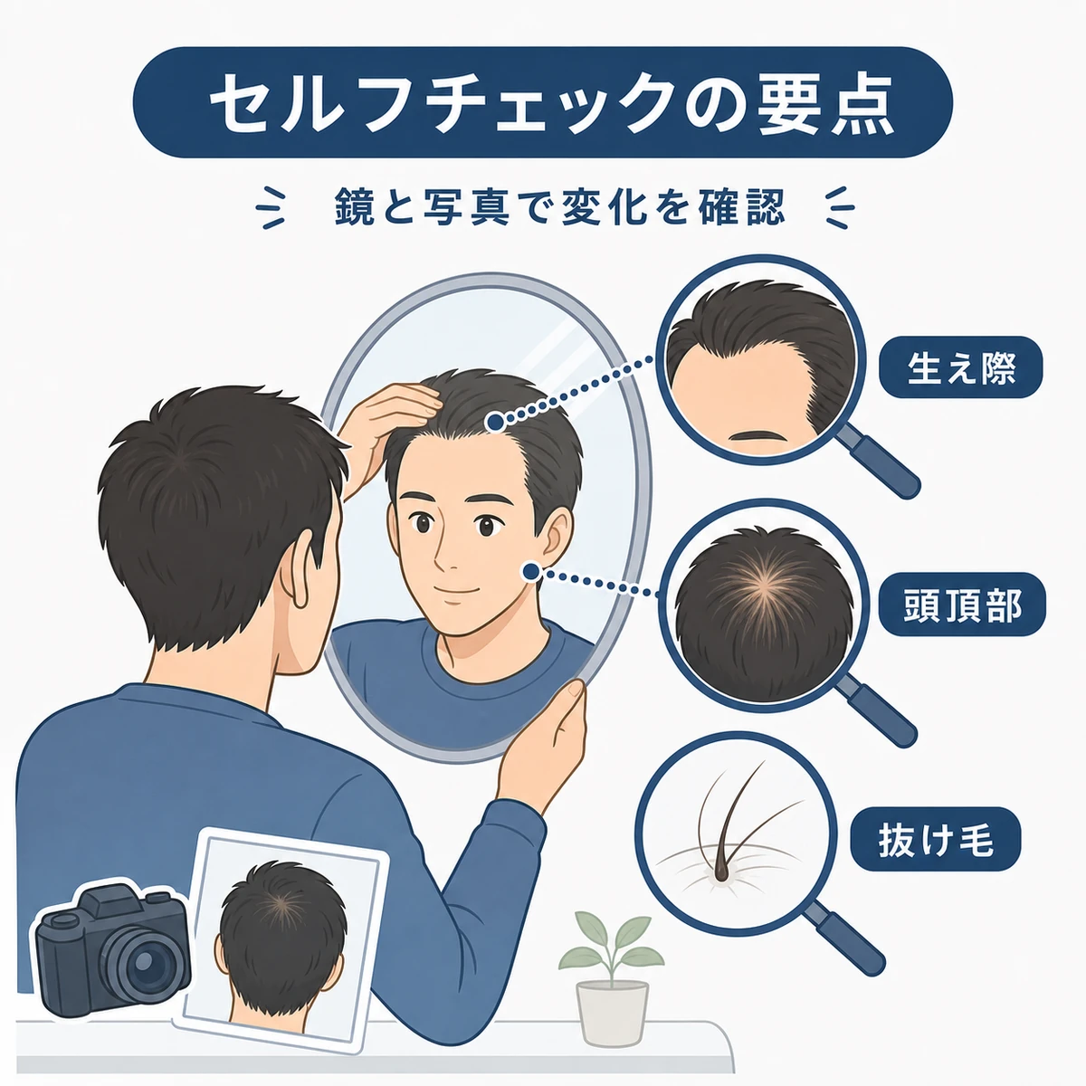 鏡や写真で薄毛のサインを確認するセルフチェックの医療イラスト