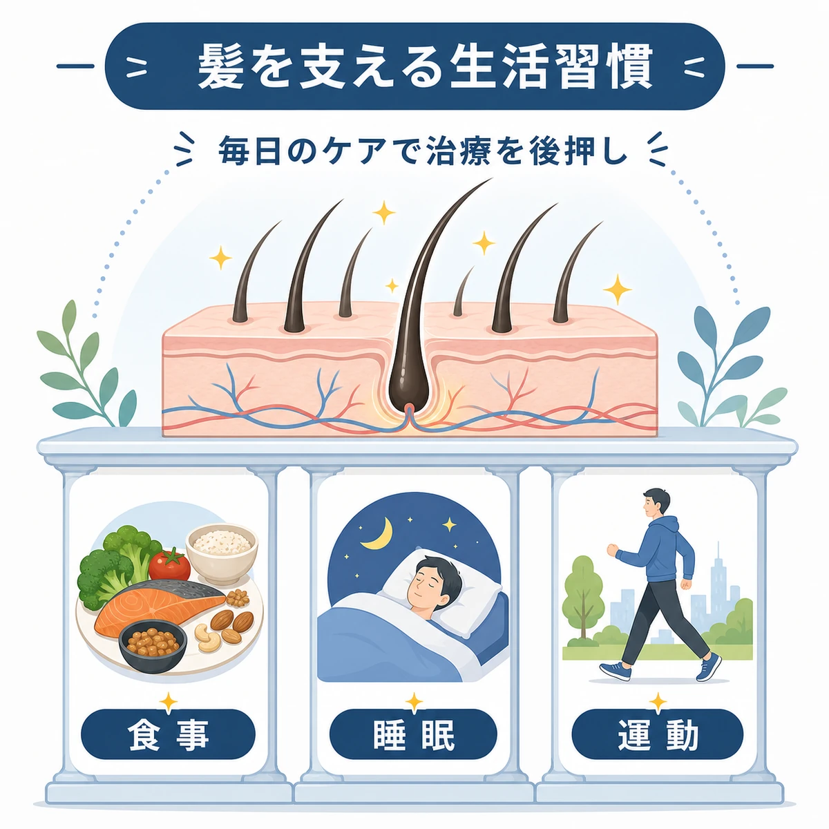 食事・睡眠・運動で髪を支える生活習慣を表した医療イラスト