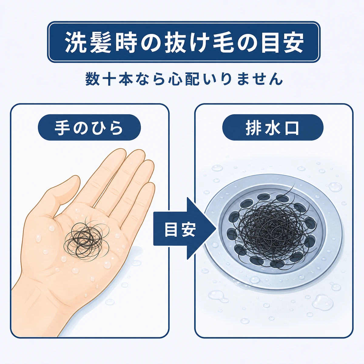洗髪時に抜ける髪の量の目安を手のひらと排水口で比べた医療イラスト
