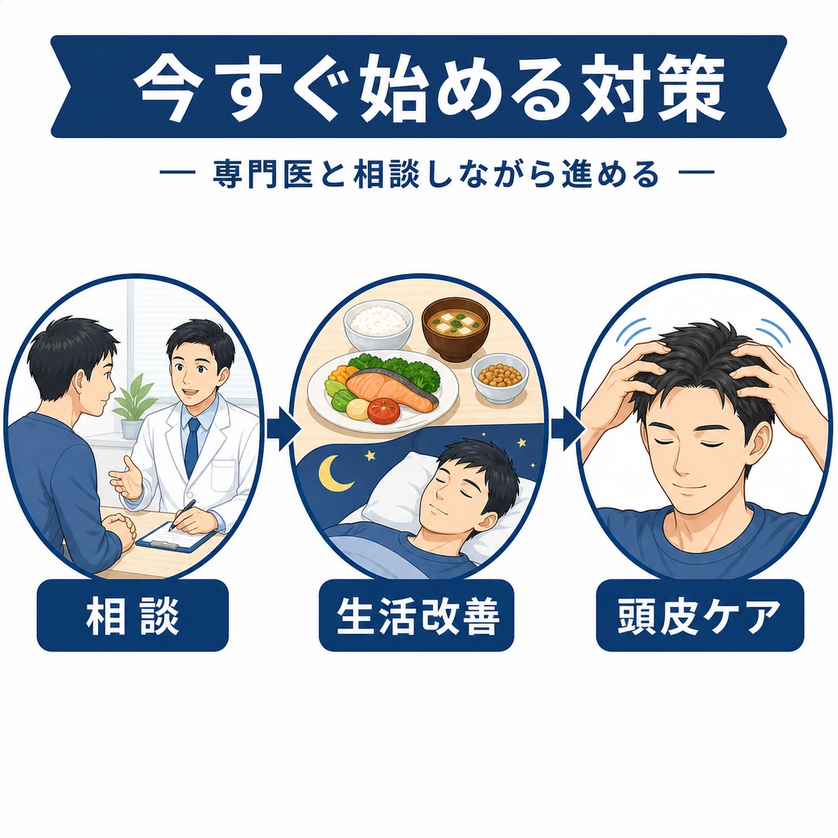 専門医への相談から生活改善と頭皮ケアへ進む対策の流れを表した医療イラスト