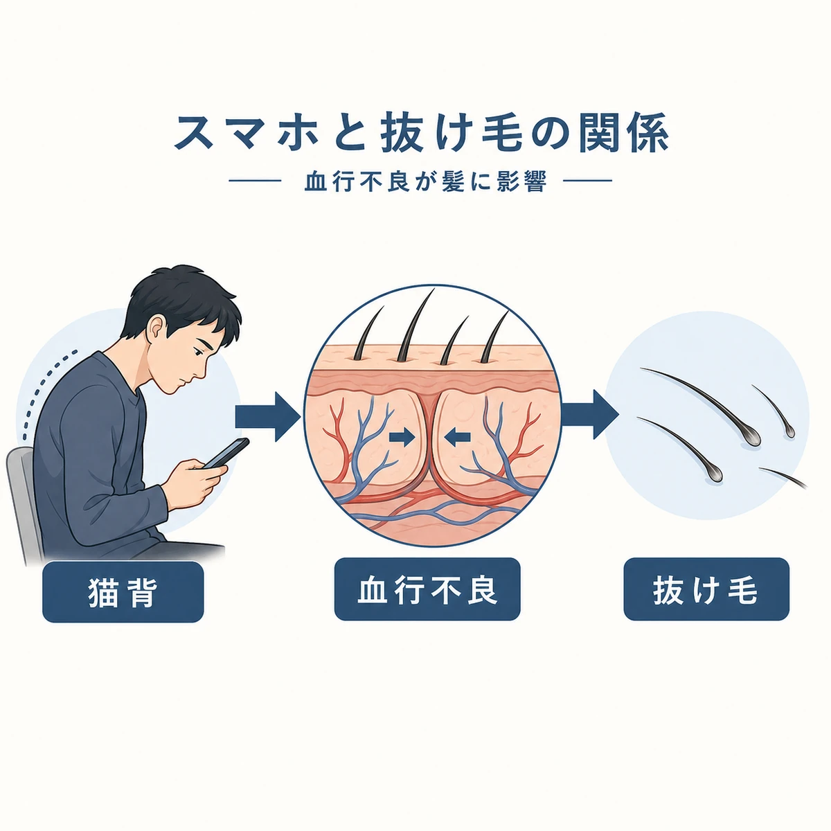 スマホの使いすぎが血行不良を経て抜け毛につながる流れを表した医療イラスト