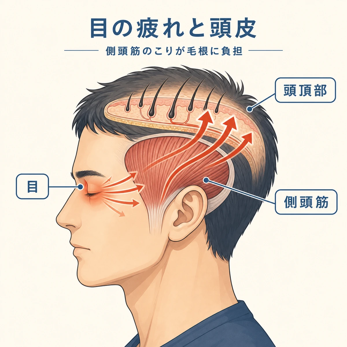 眼精疲労が側頭筋を通じて頭頂部の血流を妨げるしくみを描いた医療イラスト