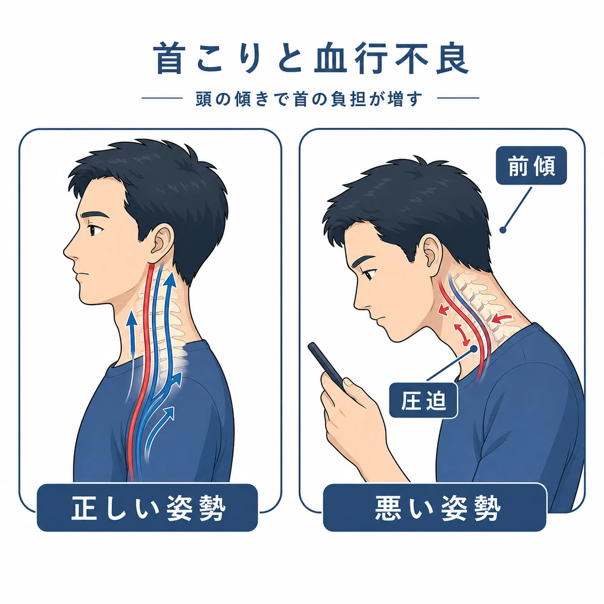 頭の傾きの違いで首にかかる負担と血流が変わる様子を比べた医療イラスト
