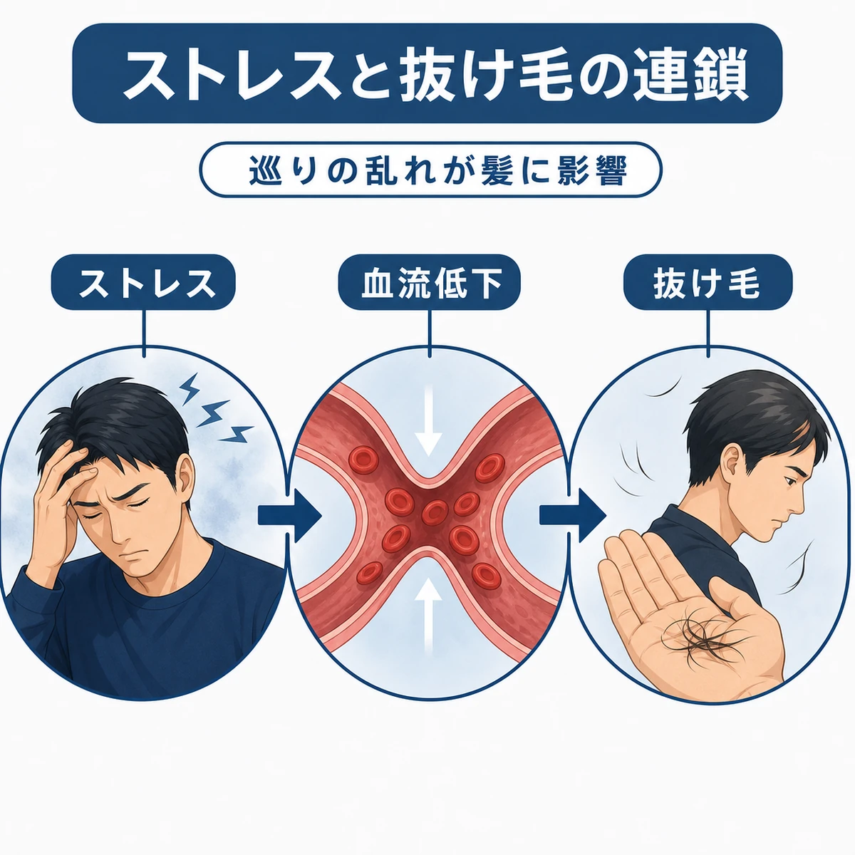 ストレスから抜け毛に至る流れを表した医療イラスト