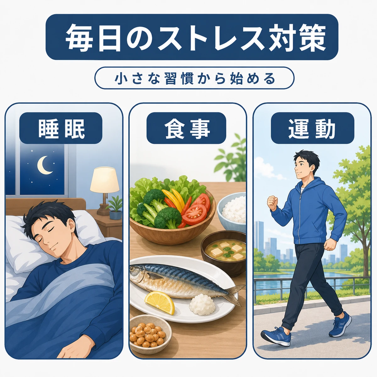 日常でできるストレス解消の三つの習慣を表した医療イラスト