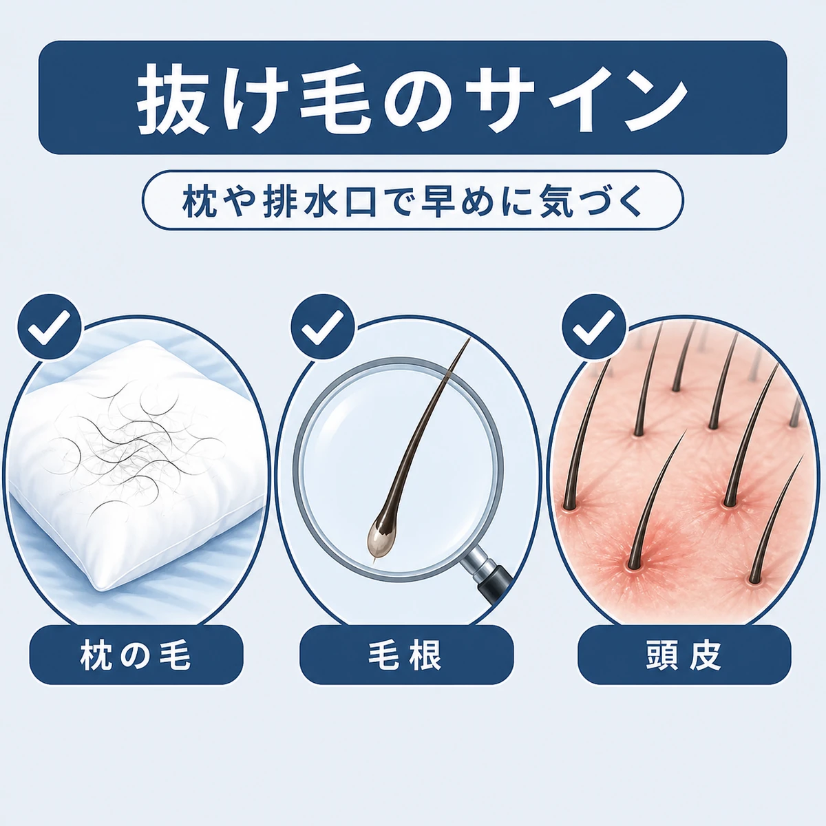 枕の抜け毛と毛根の状態と頭皮の赤みというストレス性脱毛のサインを点検する医療イラスト