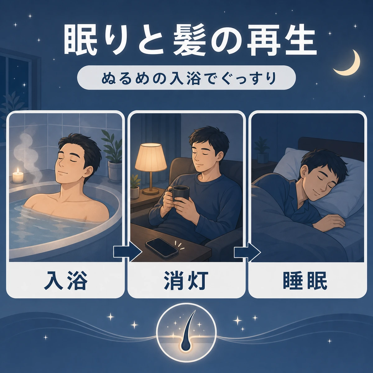 入浴から消灯、睡眠までの夜の習慣で髪の再生を促す流れを示した医療イラスト