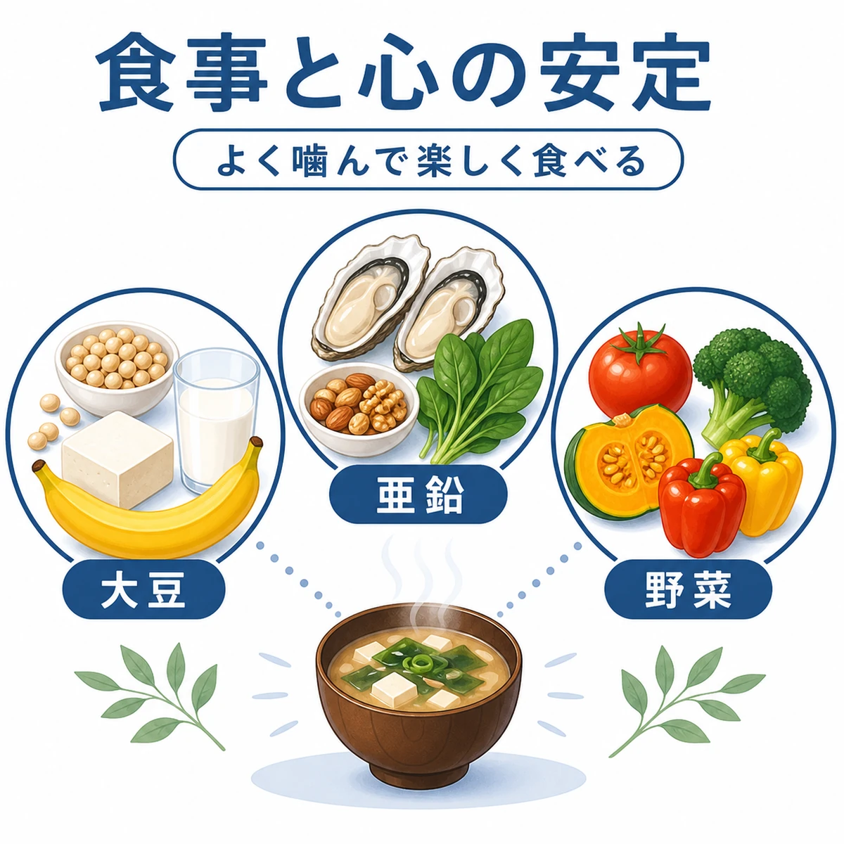 心の安定と髪の栄養を支える食材を分類して表した医療イラスト
