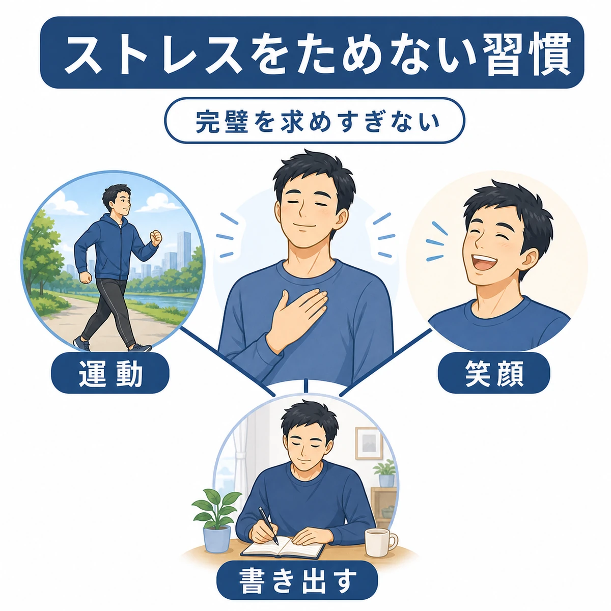 運動や笑いで気持ちを軽くしストレスをためない習慣を表した医療イラスト