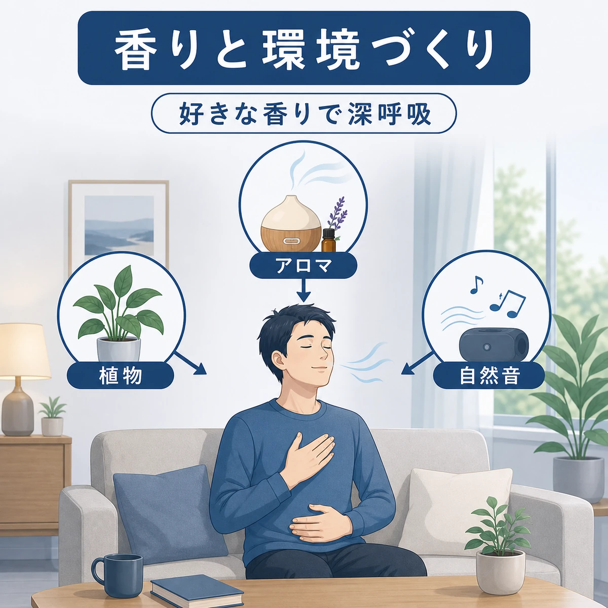 香りや植物、自然音で落ち着く空間を整え緊張をほぐす環境づくりを表した医療イラスト