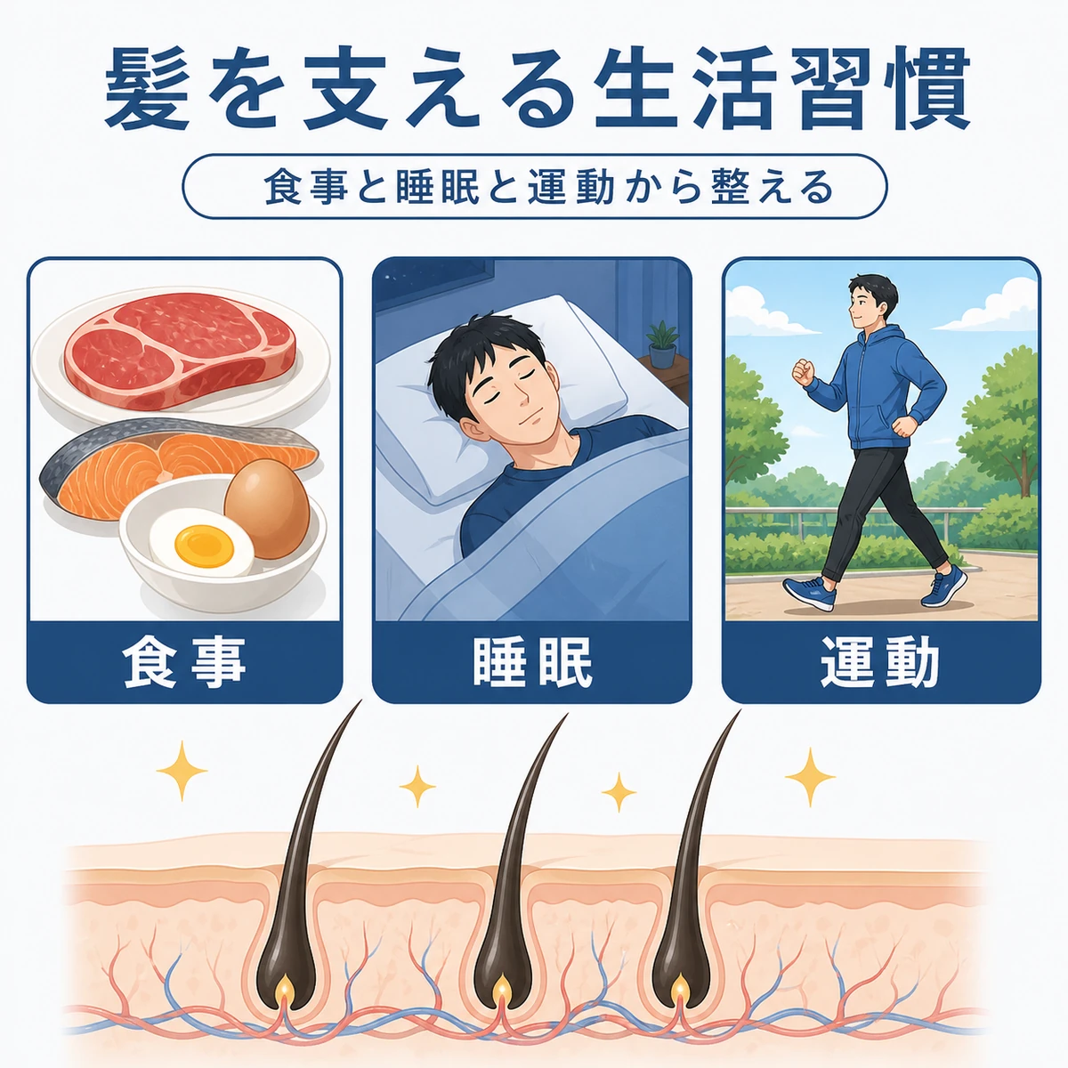 食事と睡眠と運動の三つの習慣が髪の回復を支える様子を表した医療イラスト