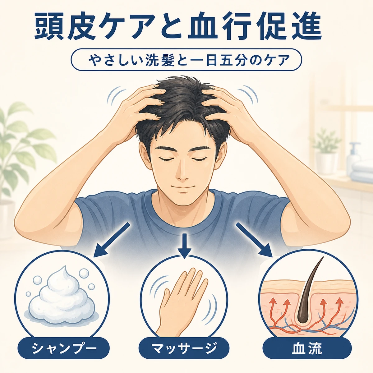 やさしい洗髪と頭皮マッサージで血行を促すケアの流れを表した医療イラスト