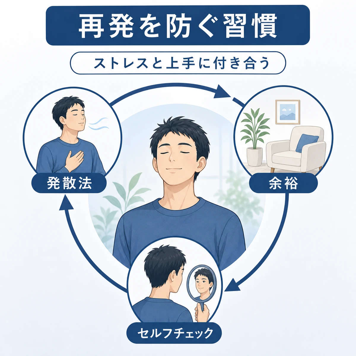 ストレス発散とセルフチェックを習慣にして抜け毛の再発を防ぐ様子を表した医療イラスト