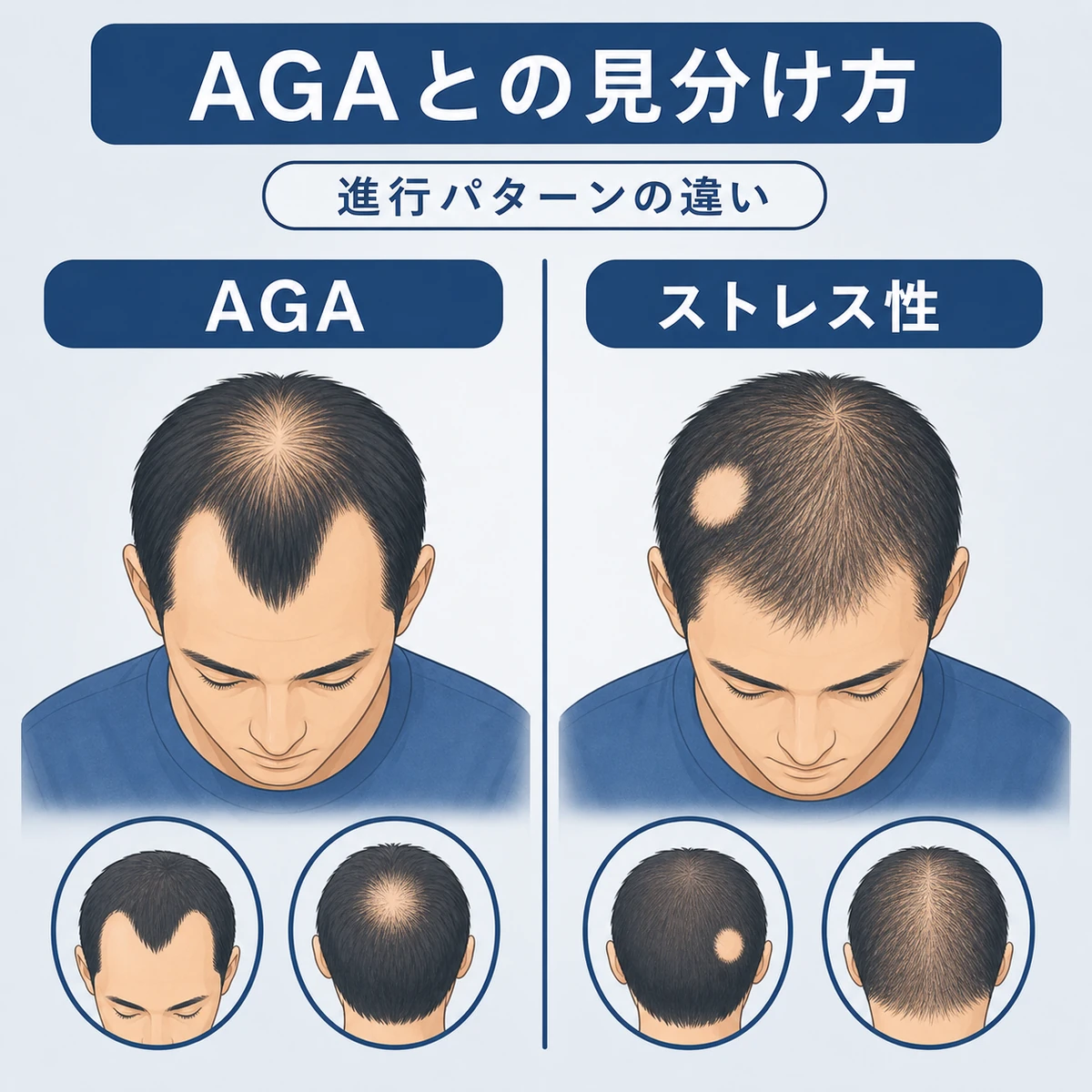 AGAとストレス性脱毛で異なる薄毛の進行パターンを左右で対比した医療イラスト
