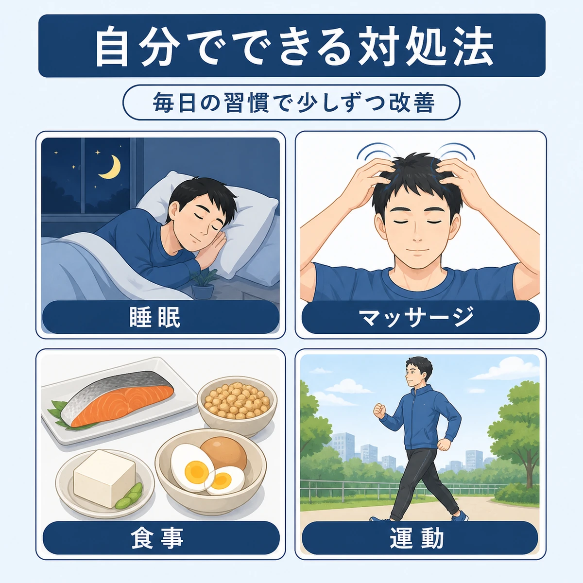 睡眠や頭皮マッサージ、食事、運動といった抜け毛のセルフケア方法を表した医療イラスト