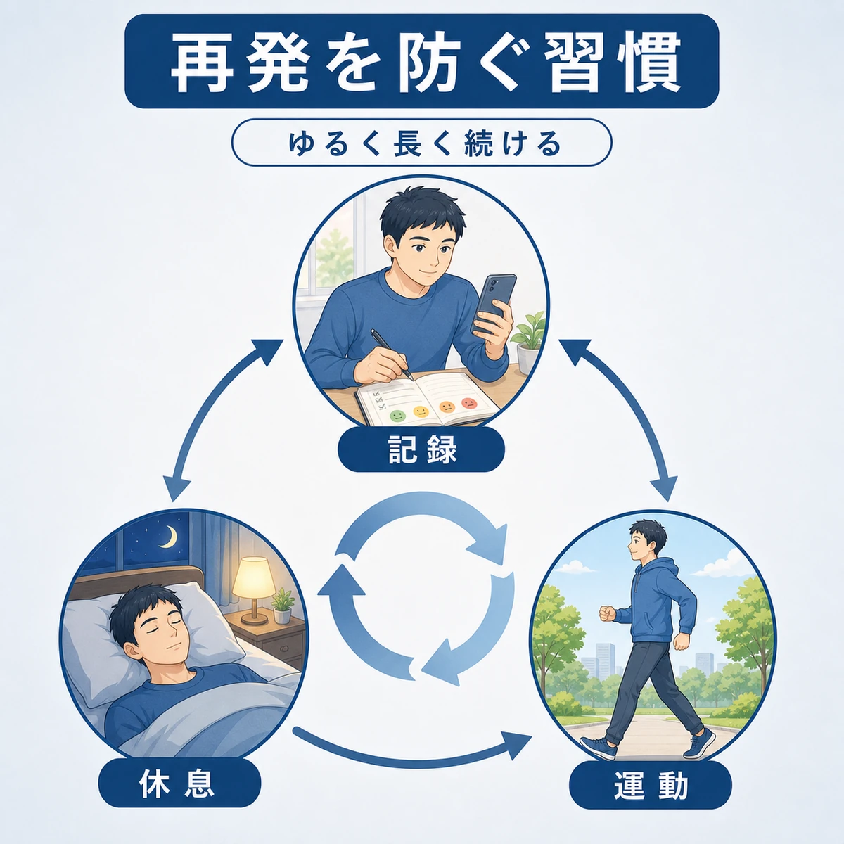 記録や運動、休息をくり返して抜け毛の再発を防ぐ生活習慣を表した医療イラスト