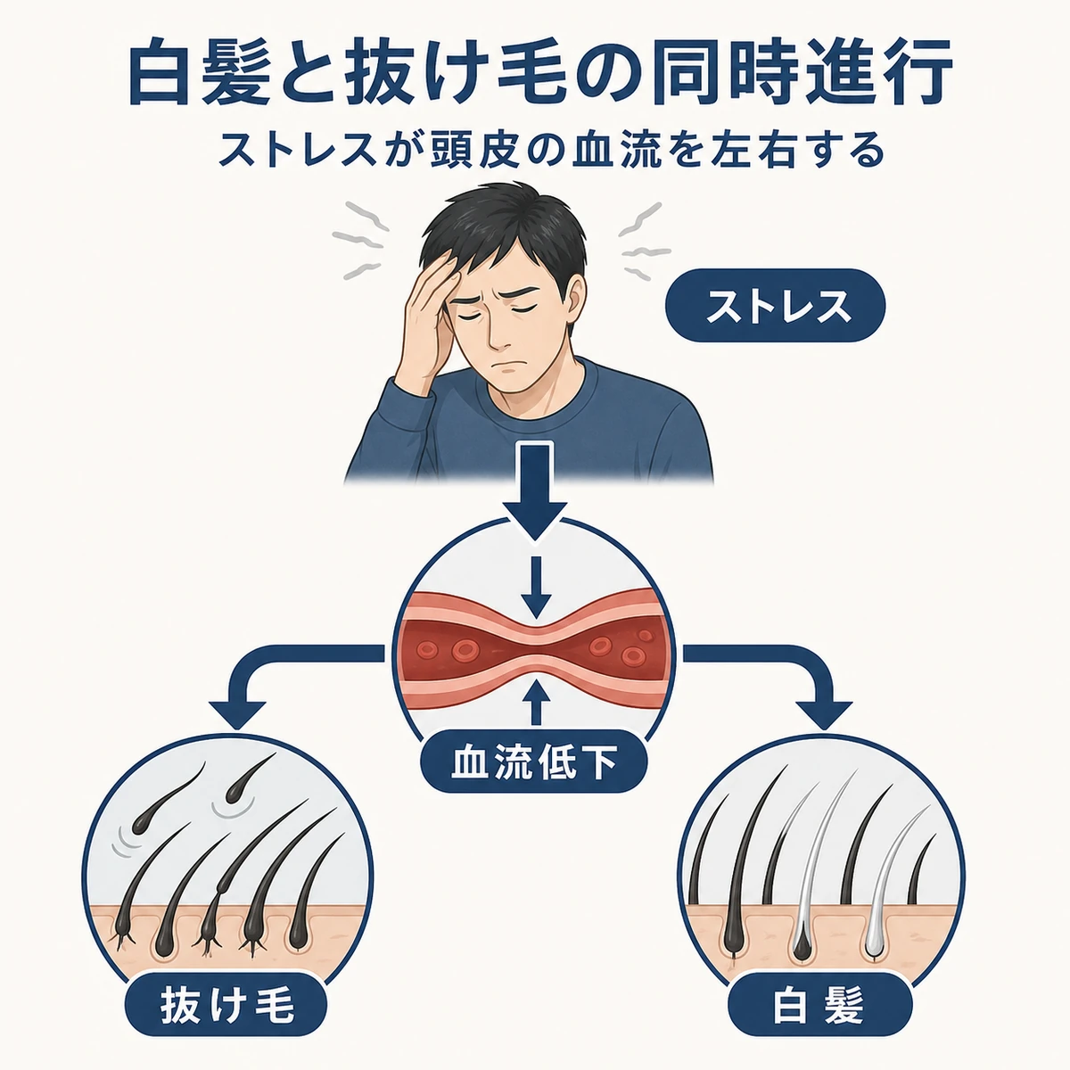 ストレスによる血流低下で白髪と抜け毛が同時に進むしくみを表した医療イラスト
