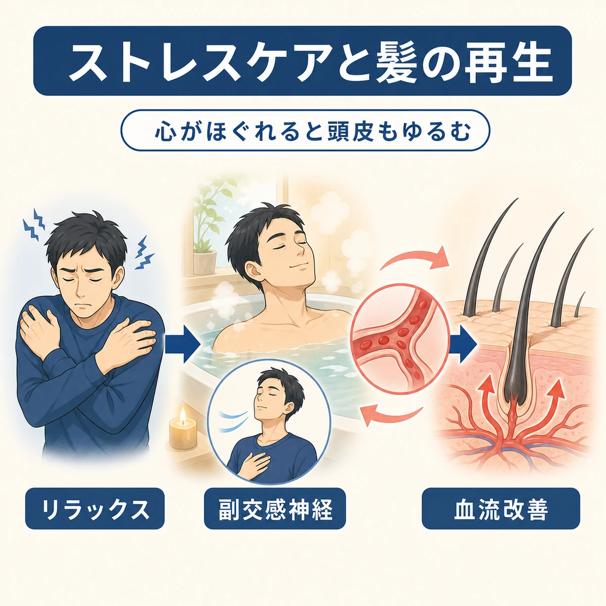 リラックスで副交感神経が働き頭皮の血流が整う流れを表した医療イラスト